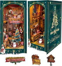 Roroom DIY Book Nook Kit, DIY Dollhouse Bookshelf Insert Decor Alley,3D Wooden Puzzle with LED Book Nook Wood Bookend Model Building Christmas Edition