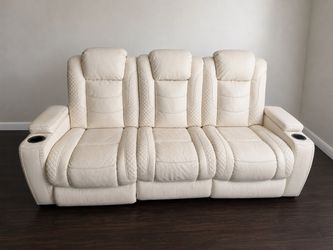 Cream Leather Reclining Sofa with Cup Holders