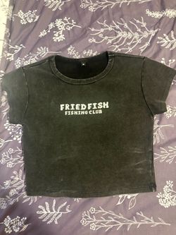 Fried Fish Fishing Club Washed Black Graphic Baby Tee / Crop Top - Size Medium