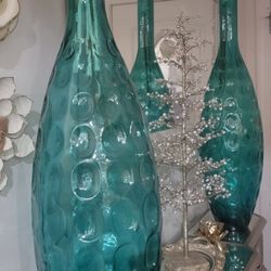 Pier Imports Teal Green Glass Pair Of Vases 