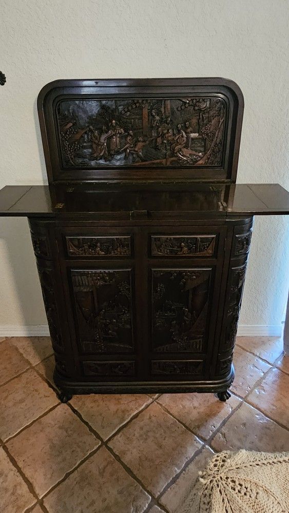 Antique Hand Carved Dry bar Mid Century 