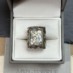 Sterling Silver 925 Roman Glass Rectangular Ring