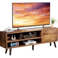  TV Stand with Storage for TVs up to 70 In, Rustic Brown TV Stand for Media, Mid Century Modern TV Stand & Entertainment Center with Shlef，Wood TV Con