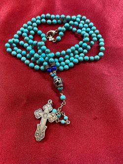 Vintage handcrafted necklace with sterling silver crucifix with petite Howlite Turquoise beads all hand knotted