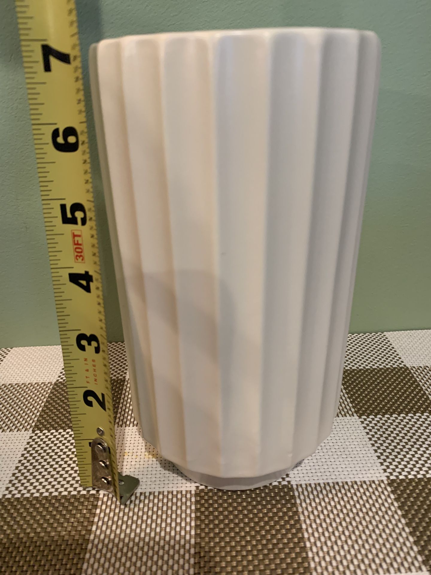 Thick 7 Inch Tall Flower Pot W/fluted Sides, Made By Jungle Club, Satanic Glazed Finish, No Drain Hole. Tapered Base, Light Cream Color