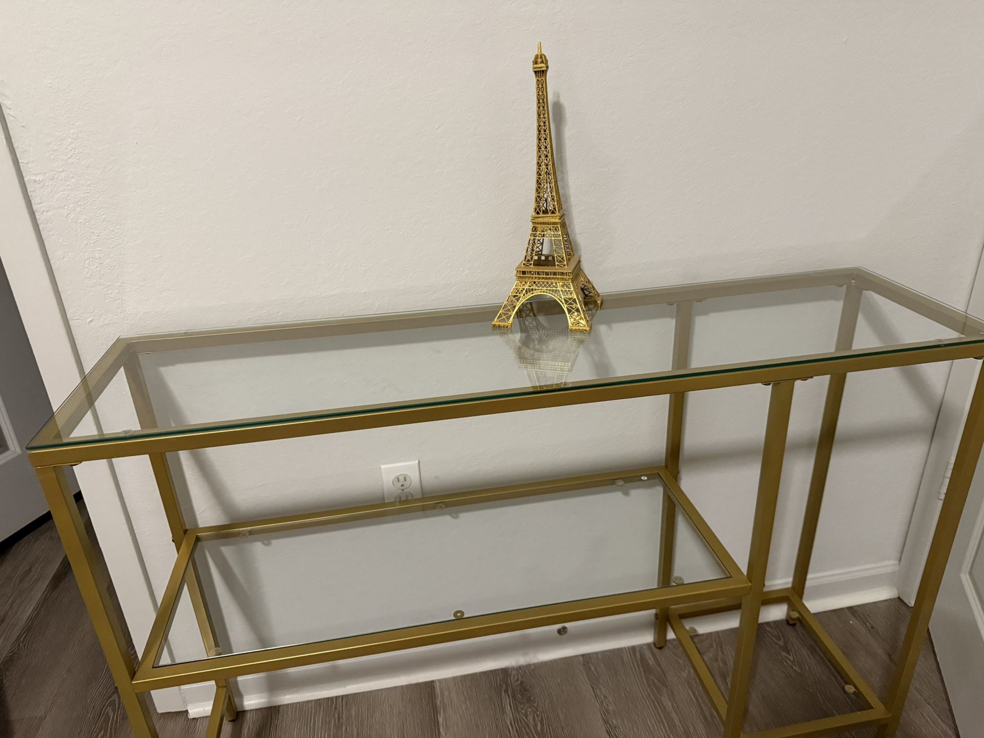 Glass Console Table with Shelves in Gold