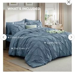 Bedsure Bed in a Bag Comforter Set with Sheets, 7pcs Solid Diamond Pintuck All-Season Bedding, Soft Mineral Blue Queen Bedding Set, Gift for Family