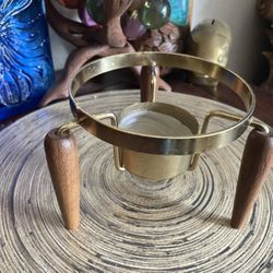Vintage MCM  Teak Wooden Tripod Brass Carafe Warmer 