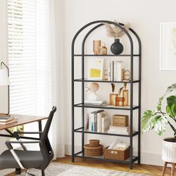 5 Tier Shelf, Tempered Glass Shelving Unit, Arched Design, Steel Construction, for Living Room, Working Bathroom, Golden Color LGT050