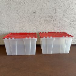 Two Red 12 Gallon Attached Hinged Lid Storage Container Bin Box Tote