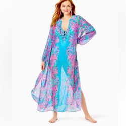 Lilly Pulitzer Frey Long Sleeved Maxi Coverup in Multi ‘Seaweed Samba’ Engineered Print