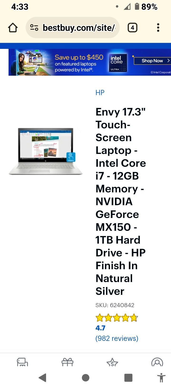Envy 17.3" Touch-Screen Laptop - Intel Core i7 - 12GB Memory - NVIDIA GeForce MX150 - 1TB Hard Drive - HP Finish In Natural Silver