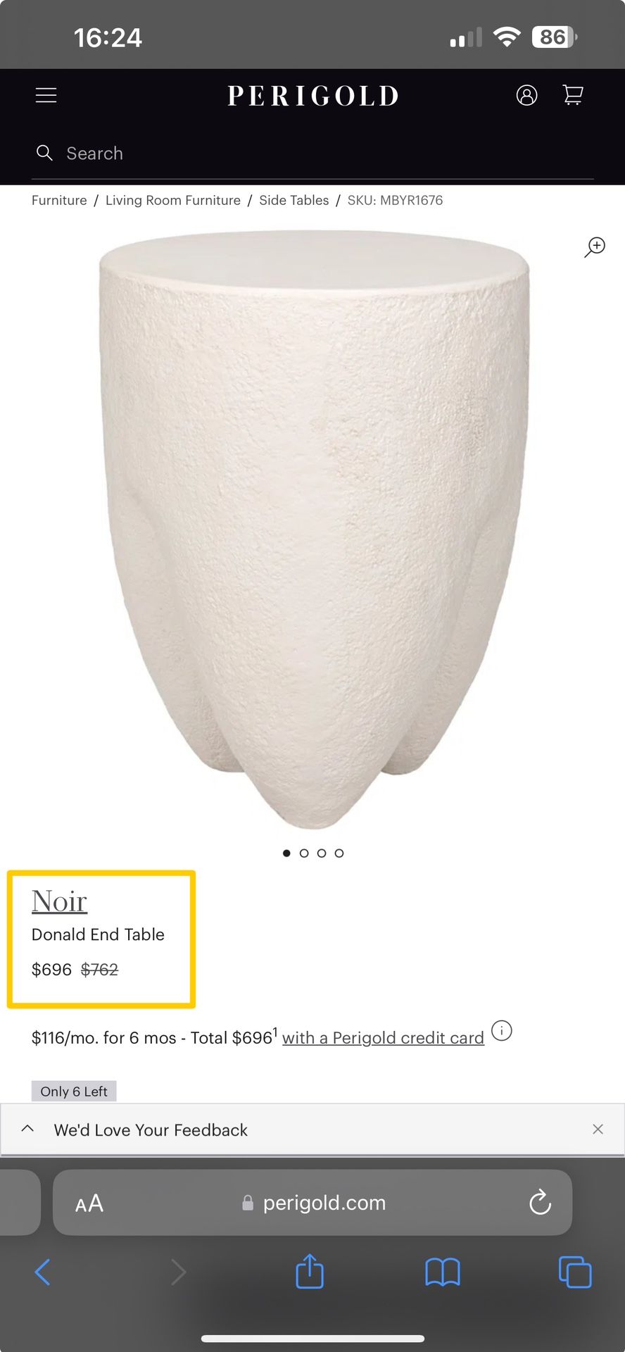 Noir Donald White Fiber Cement Side/End Table