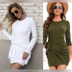 Women Bodycon Dress Casual Crew Neck Long Sleeve Wrap Ruched Tie Waist Dresses