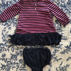 Ralph Lauren Matching Set Dress With Matching Navy Ruffle Underwear for 6 Month Old 