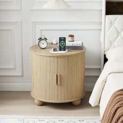 Fluted Round End Table with Charging Station, Farmhouse 24" Large Sofa Side Table with Sliding Door & Storage, Mid-Century Modern Wood Nightstands 