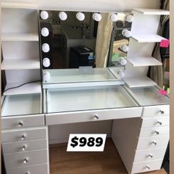 Brand New Vanity 13 Drawers White Color Solid Wood! Glass Top Hollywood Mirror Ligh Builbs Included! Bluetooth 4 Music 2 shelf’s separately 28x12x8.