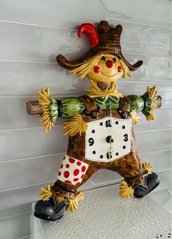 Vintage ceramic Halloween Fall scarecrow wall clock. Large 16” tall x 12 1/2” wide . Multi retro colors drip glaze