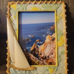 Shiny 3D Nautical Picture Frame Sailboat Map Rope Sailer Trim Resin 5x7 Photo