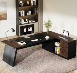 HL0204AB 78" L-Shaped Executive Desk, Large Office Desk with Drawers and Lateral File Cabinet, Business Furniture with Storage Shelves, Modern Compute