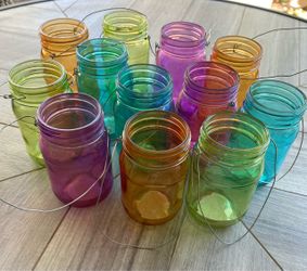 12 Colored Mason Jars with Hangers