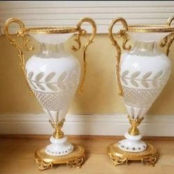 italian crystal and bronze set of 2 vase tall : 19"