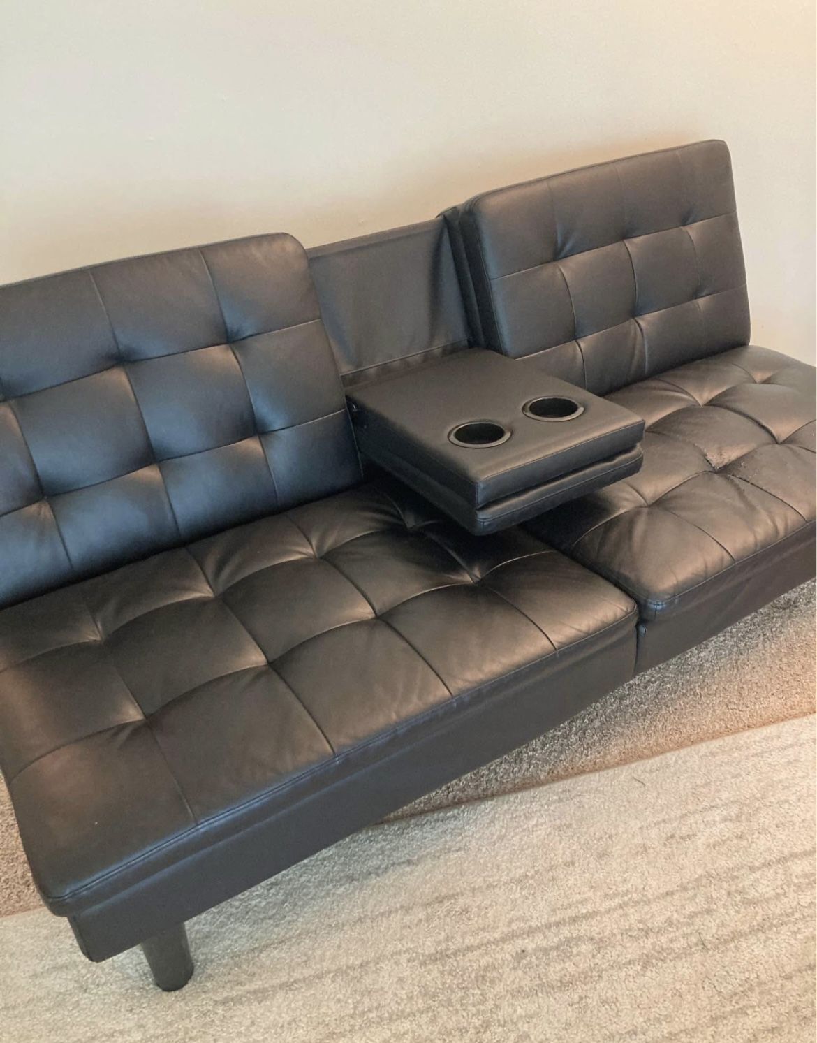 Memory Foam 71.5" Futon with Cupholder - Black Faux Leather