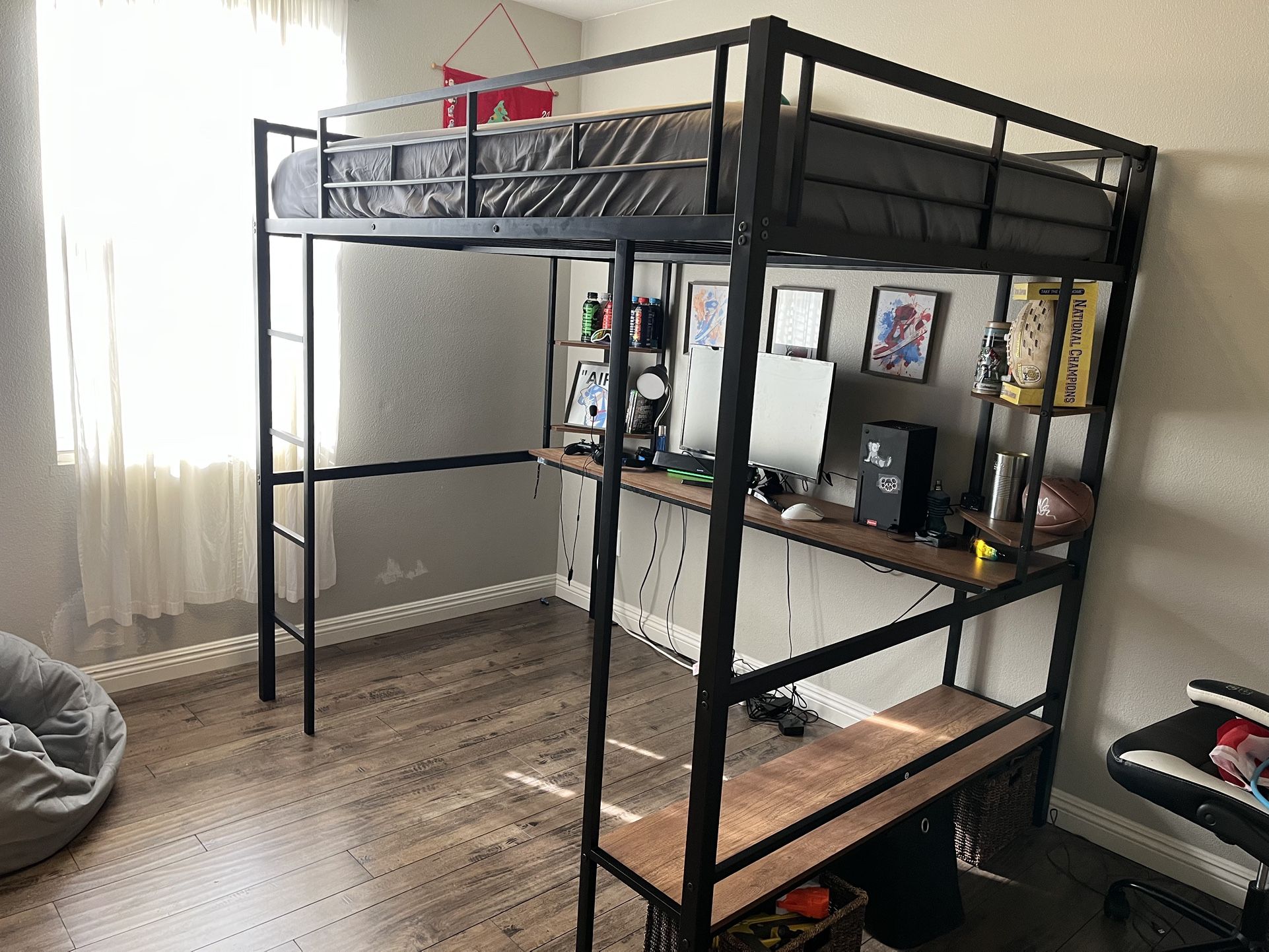 Full Size Metal Loft Bed with Desk, Shelves, and Bench