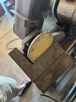 old vintage combination belt/disc sander with a bench grinder and wire wheel setup
