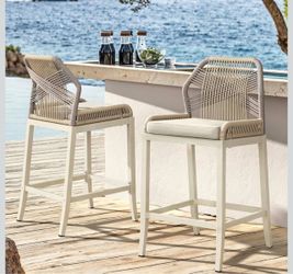 Set Of 2 Cozyman Outdoor Bar Stools, Rattan Outdoor Counter Height Bar Stools Set of 2, 26.5" H Woven Rope Patio Bar Chairs with Aluminum Legs for Kit