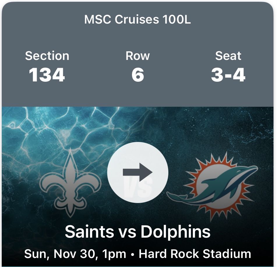 Dolphins Vs Saints 2 Tickets