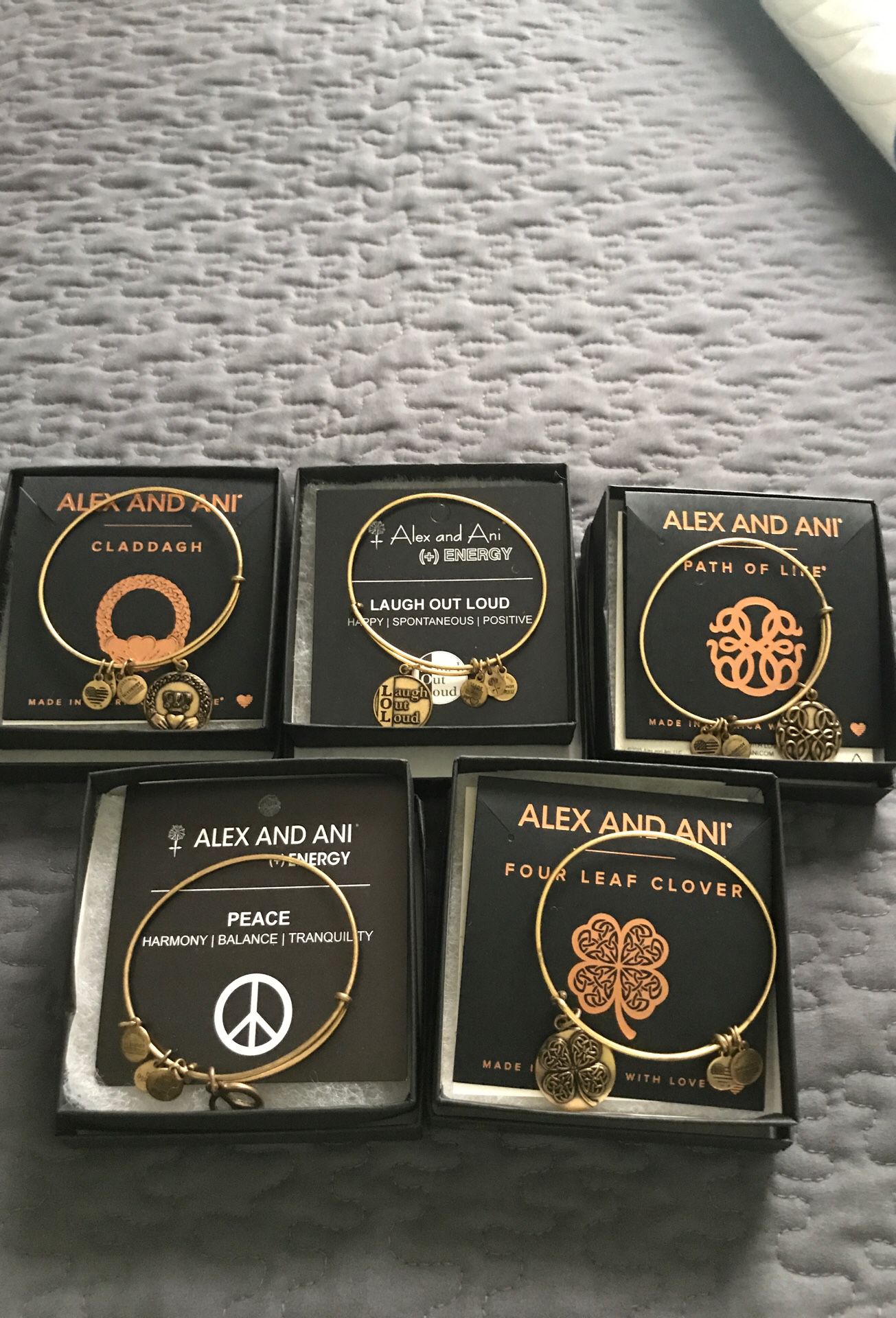 Alex and Ani goldtone bracelets with box and pouch. 10.00 or all for $55
