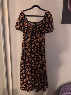 Black Floral Midi Dress with Puff Sleeves