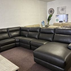100% Real Leather 5 Pc Sectional With 3 Power Recliners- Gabrine 