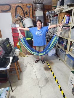 Blue and Green Fabric Hammock with Rope Ends