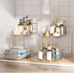 4 Pack Bathroom Organizer, 2 Tier Clear Under Sink Pull Out Organizers 