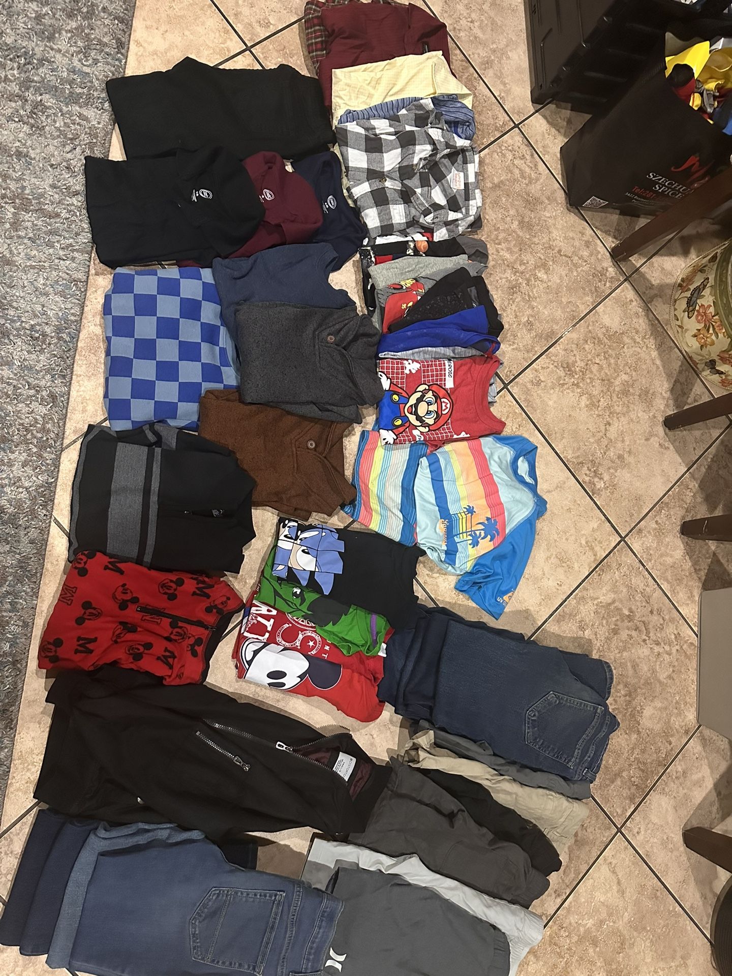 45 Gently worn boys size 8 clothes: jeans, shorts, swim shorts/ shirt, dress shirts, tshirts, jacket, sweaters