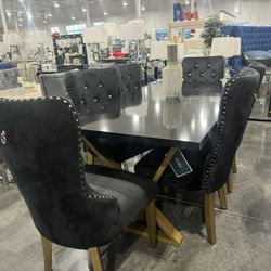 7 Pieces Dining Set / Includes: Black Marble Table and 6 Chairs . 