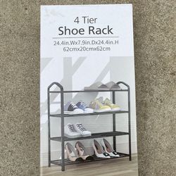 4-Tier Stackable Shoe Rack, Expandable & Adjustable Shoe Organizer Storage Shelf, Wire Grid, Black New in box