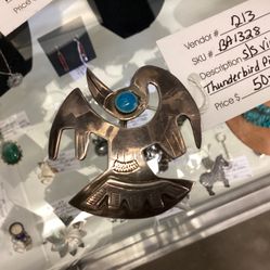 Sterling Silver Vintage Thunderbird Pin - Turquoise Eye