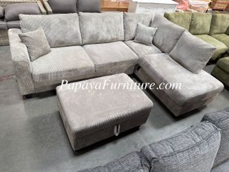 106” NEW Light Grey Fabric Sectional Couch and Chaise Set FREE STORAGE OTTOMAN BIG SOFA Clearance SALE Ashley Style USB Charging Port, Gray Couch