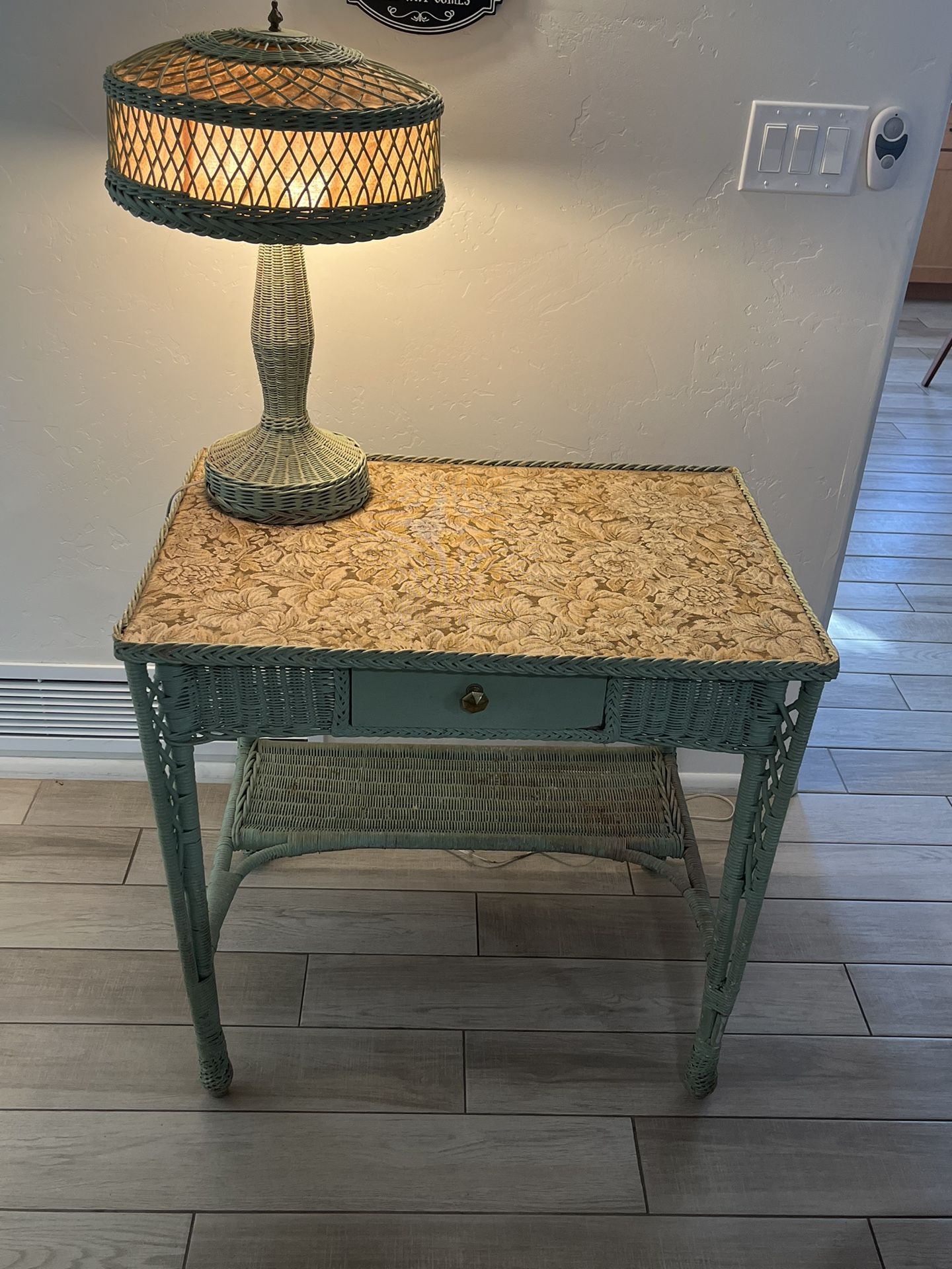 Antique Wicker Rattan Teal Desk & Matching Lamp