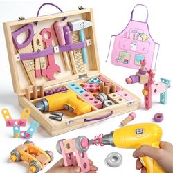 Brand new Pink Wooden Kids Tool Set with Drill 44Pcs Educational Montessori Toys for 3 Year Old Girl, STEM Toys Toddler Tool Set with Apron & Box Birt