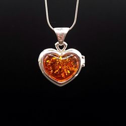 Amber Heart Locket Pendant Silver