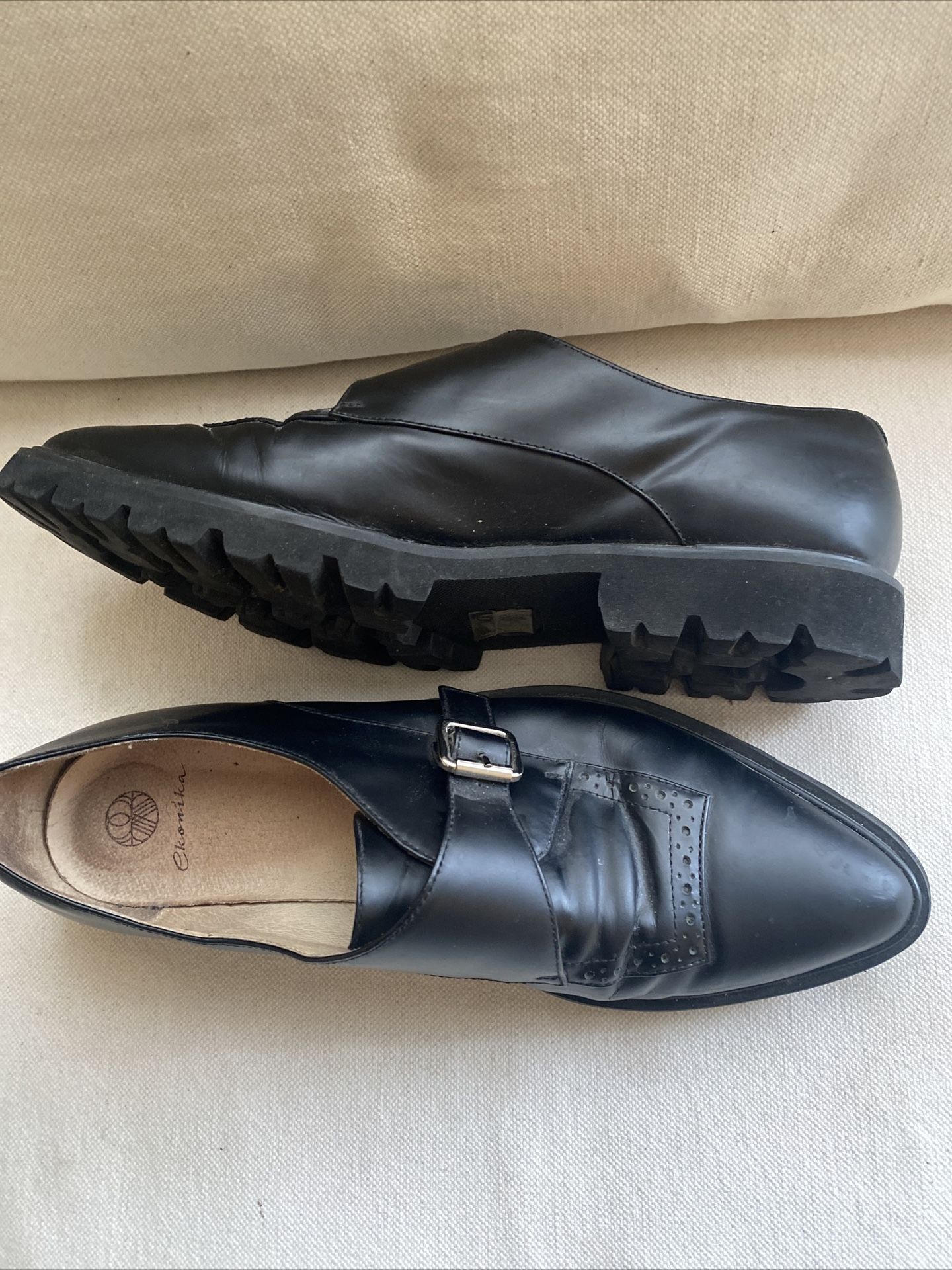 Ekonika Black Platform Buckle Leather Loafers Women Size 9.5 Chunky Shoes
