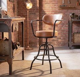 New set of 4 Industrial Design Adjustable Height 21.65" - 26" Brown Leather Upholstered Backrest Seat Arm Chair Vintage Counter Stool