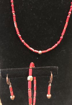 Coral necklace bracelet earrings