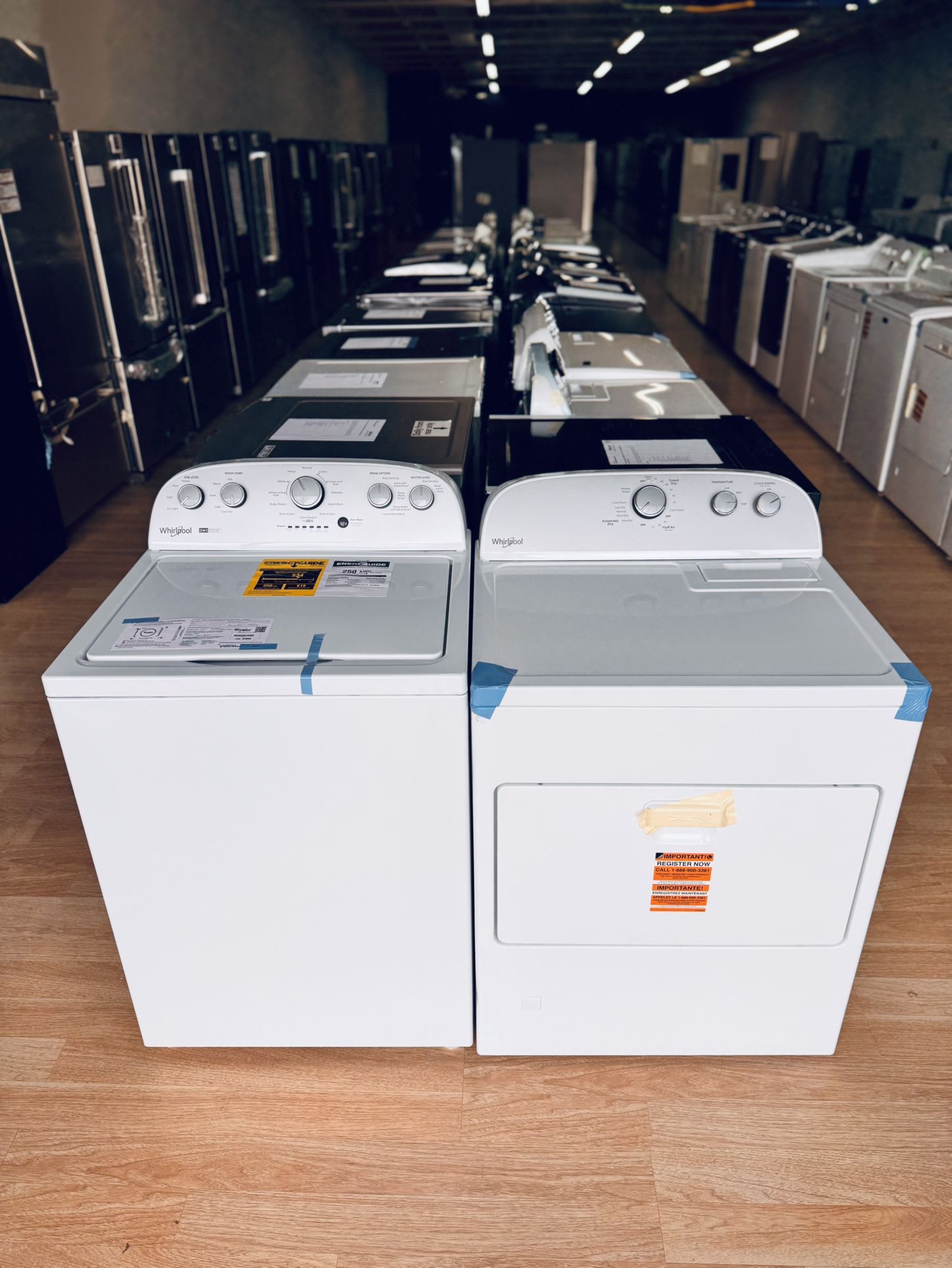 Brand-New whirlpool 3.8 cu.ft top load washer and 7.0 cu.ft front load gas dryer set. 