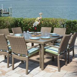 Kokomo sugar sand Outdoor Rectangular Dining Table and 4 stackable chairs with custom cushions New