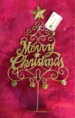 PUBLIX Merry Christmas Gold Metal 4” x 8” Christmas Tree Tabletop Decor NEW!